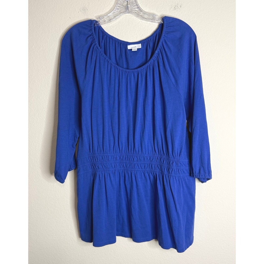 J. Jill Tunic Top Women L Tall Royal Blue Smocked Peplum 3/4 Sleeve Cotton Modal